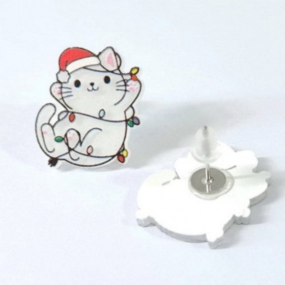 Cat Christmas Ear Post Stud Earrings Silver Tone Multicolor-Acrylic - Picture 1 of 3
